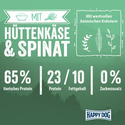 Happy Dog, mit Hüttenkäse & Spinat, 65 % tierisches Protein, 23/10 Protein/Fettgehalt, 0 % Zuckerzusatz, Mit wertvollen heimischen Kräutern. Texte en allemand.