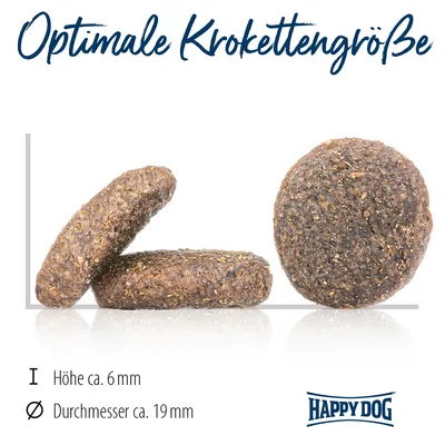 Happy Dog krokettstorlek: höjd ca 6 mm, diameter ca 19 mm.