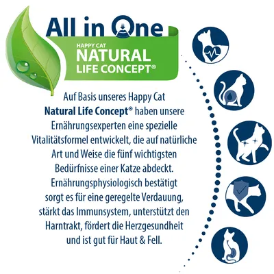 Happy Cat Natural Life Concept: Vitalitätsformel für Katzen, unterstützt Verdauung, Immunsystem, Herzgesundheit, Haut & Fell, und Harntrakt. Entwickelt von Ernährungsexperten.