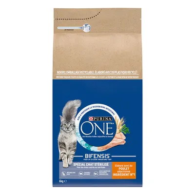 Sac Purina ONE Bifensis Spécial Chat Stérilisé, élaboré avec du poulet sélectionné ingrédient n°1, 6 kg. Nouvel emballage recyclable en plastique recyclé. Pour chats stérilisés.