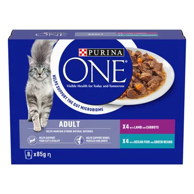 Purina ONE Adult, 8 x 85g. Four pouches with lamb and carrots, four with ocean fish and green beans. Supports gut microbiome, natural defences, vitality, bones, muscles and joints.