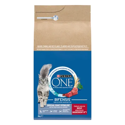 Confezione di Purina ONE Bifensis Special Chat Stérilisé, 6 kg, per gatti sterilizzati, con testo visibile: 'élaboré avec du bœuf sélectionné ingrédient n°1'. Immagine di un gatto grigio.