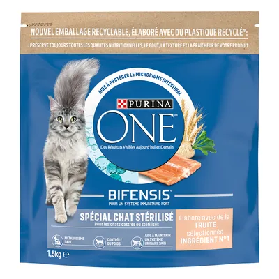 PURINA ONE Bifensis Spécial Chat Stérilisé, 1,5 kg. Tekst: Élaboré avec de la truite sélectionnée ingrédient N°1. For chats castrés ou stérilisés. Synlige ikoner for sundt stofskifte og vægtkontrol.