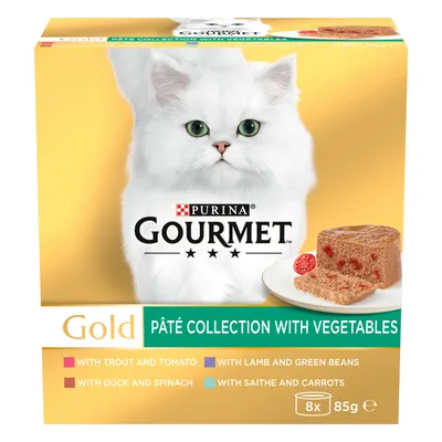 Pâté collection with vegetables, flavours: trout and tomato, duck and spinach, lamb and green beans, saithe and carrots. Pack contains 8 portions of 85g each.