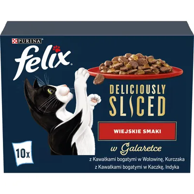 Purina felix Deliciously Sliced Wiejskie Smaki w galaretce, 10x z kawałkami bogatymi w wołowinę, kurczaka, kaczkę, indyka. Opakowanie karmy dla kotów.