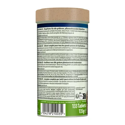 Hovedfoder til større, planteædende bundfisk. Indeholder spirulina, uden konserveringsmidler og farvestoffer. 133 tabletter, 135 g. Fodringsvejledning og ingrediensliste synlig. Hovedfoder til større, planteædende bundfisk. Indeholder spirulina, uden konserveringsmidler og farvestoffer. 133 tabletter, 135 g. Fodringsvejledning og ingrediensliste synlig.