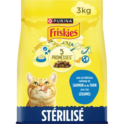 Purina Friskies 5 Promesses, crocchette per gatti sterilizzati, gusto salmone e tonno con verdure, confezione da 3 kg. Testo in francese: 'Stérilisé', 'avec un délicieux mélange de saumon et de thon avec des légumes'.