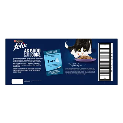 Feeding guide for an average adult cat: 3 to 4 pouches per day in at least two separate meals. Contains product description and barcode.