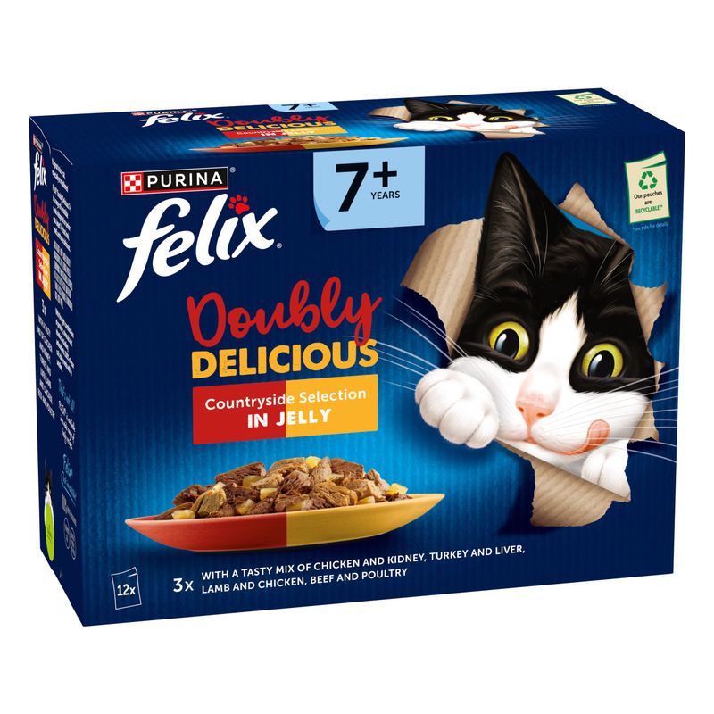 Felix Doubly Delicious Countryside Selection in Jelly, suitable for 7+ years. Contains chicken and kidney, turkey and liver, lamb and chicken, beef and poultry. Pack of 12.