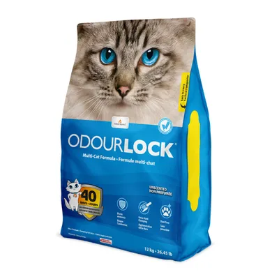 Saco de arena para gatos OdourLock Multi-Cat Formula, 12 kg. Garantía sin olor 40 días, sin perfume, fácil de transportar. Texto en inglés y francés visible en el envase.