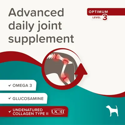 Advanced daily joint supplement with Omega 3, glucosamine, undenatured collagen type II. Optimum level 3. Diagram highlights joints.
