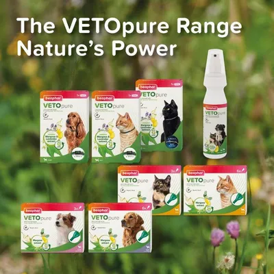 The VETOpure range by beaphar, featuring various packs and a spray with margosa and lavandin extracts. Text: 'The VETOpure Range Nature’s Power'.