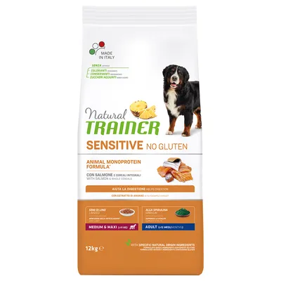 Pytel Natural Trainer Sensitive No Gluten, Animal Monoprotein Formula s lososem a celozrnnými obilovinami, pro dospělé psy středních a velkých plemen, 12 kg. Bez lepku, bez barviv a konzervantů.
