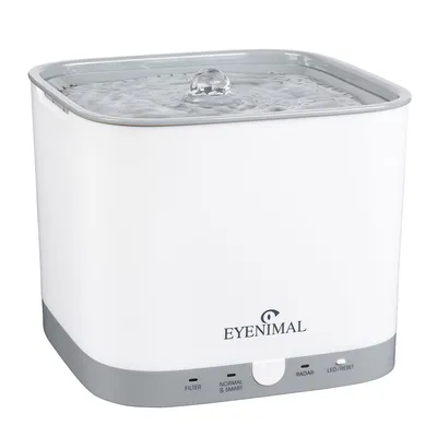 Eyenimal Trinkbrunnen mit Filter, Normal & Smart Modi, Radar und LED/Reset Funktionen. Weisses Design mit grauem Sockel.