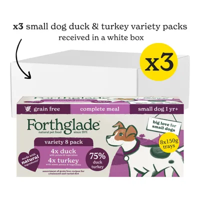 Three small dog duck and turkey variety packs, each with 8 trays of grain free complete meals, received in a white box. Contains 4 duck and 4 turkey recipes.