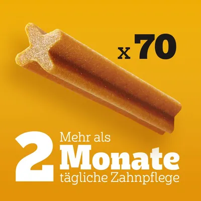 Žvakalica za pse, količina 70 komada. Tekst na njemačkom: 'Mehr als 2 Monate tägliche Zahnpflege' (više od 2 mjeseca dnevne njege zubi).