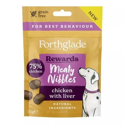 Forthglade Rewards Meaty Nibbles, chicken with liver, 75% chicken, grain free, natural ingredients, for best behaviour, 70g pack.