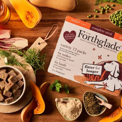 Forthglade variety 12 pack showing 6x turkey with butternut squash and vegetables, 6x lamb with butternut squash and vegetables, made with natural ingredients, fitter for longer.