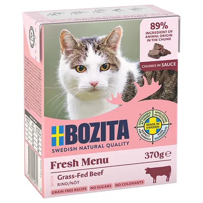 Bozita Fresh Menu com carne de pasto, 370g. 89% de ingredientes de origem animal em pedaços, Made in Sweden, sem cereais, sem açúcar nem corantes.