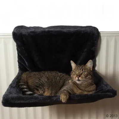 Grijze pluche radiatorhangmat voor katten, bevestigd aan een witte radiator, met een gestreepte kat die erin ligt.