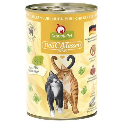 GranataPet DeliCATessen Huhn PUR, valmistettu Saksassa, viljaton, granaattiomenansiemenet, lohiöljy, viherhuulisimpukka. Kuvitus kahdesta kissasta keltaisella taustalla.