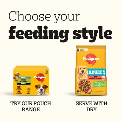Pedigree Adult Mixed Selection in Gravy and Pedigree Adult with Beef and Vegetables. Choose between portion pouches or dry food. Pedigree Adult Mixed Selection in Gravy and Pedigree Adult with Beef and Vegetables. Choose between portion pouches or dry food.