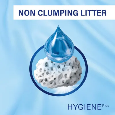 NON CLUMPING LITTER, HYGIENE Plus felirat, vízcsepp és fehér porózus anyag képe kék háttéren. A szöveg angol nyelvű.