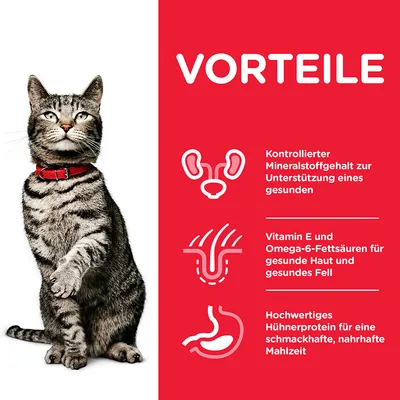 VORTEILE. Kontrollierter Mineralstoffgehalt zur Unterstützung eines gesunden. Vitamin E und Omega-6-Fettsäuren für gesunde Haut und gesundes Fell. Hochwertiges Hühnerprotein für eine schmackhafte, nahrhafte Mahlzeit. Texte en allemand.