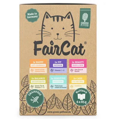 FairCat Green Petfood, multipack 6×85 g. Warianty: Happy Anti-Hairball, Fit Outdoor, Beauty Hair & Skin, Balance Antioxidants, Sensitive Digestion, Care pH Control. Made in Germany, bezzbożowe.