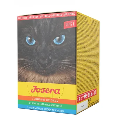 Josera Multipack Filet. Inhalt: 2x Pures Huhn, 2x Huhn mit Ente, 2x Huhn mit Lachs. Verpackung zeigt schwarze Katze mit blauen Augen.