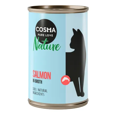 Cosma Pure Love Nature, zalm in bouillon, 100% natuurlijke ingrediënten. Afbeelding van een zwarte kattensilhouet en een rood zalmpictogram.