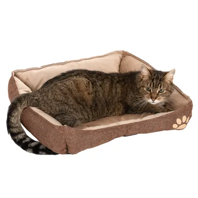 Braunes Katzenbett mit beigem Innenpolster, rechteckige Form und Pfotenmotiv an der Seite. Katze liegt im Bett.