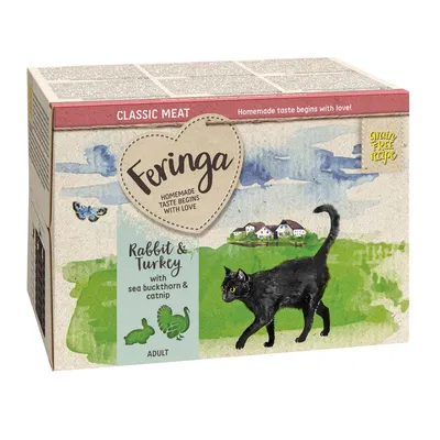 Feringa Classic Meat, Rabbit & Turkey with sea buckthorn & catnip, ADULT. Ricetta grain free. Immagine di gatto nero su confezione. Testo in inglese.