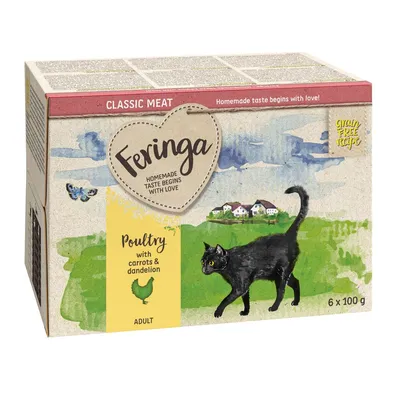 Confezione Feringa Classic Meat, Poultry with carrots & dandelion, Adult, 6 x 100 g. Ricetta grain free. Immagine di gatto nero e case sullo sfondo. Testo in inglese.