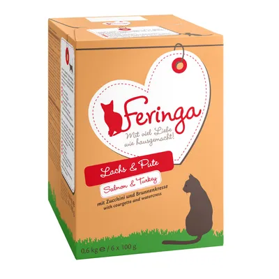 Feringa Lachs & Pute Salmon & Turkey, mit Zucchini und Brunnenkresse, 0,6 kg (6×100 g) – balenie krmiva pre mačky. Text na obale v nemčine a angličtine.