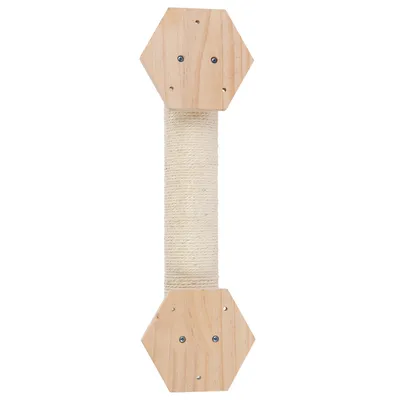 Rascador con placas de madera hexagonales en ambos extremos y cuerda de sisal enrollada, apto para montaje en pared.