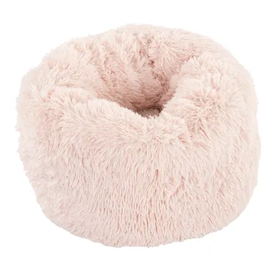 Roze, pluizig rond bed met zacht oppervlak. Geschikt voor huisdieren.