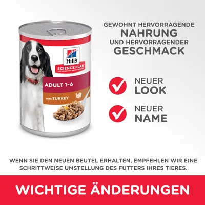 Hill's Science Plan Adult 1-6 with Turkey. Новый внешний вид, новое название. Важные изменения. Текст на немецком языке.