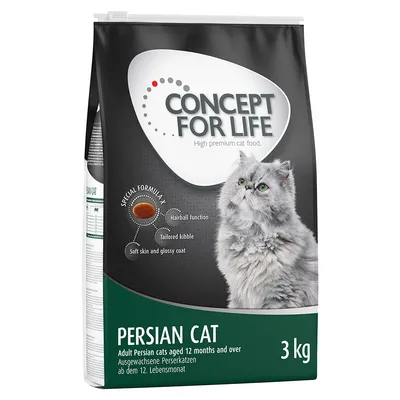 Concept for Life Persian Cat, 3 кг. Специална формула за възрастни персийски котки над 12 месеца: функция срещу космени топки, адаптирани гранули, мека кожа и лъскава козина.