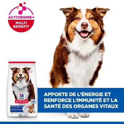 Hill's Science Plan Mature Adulte 7+ avec ActivBiome+ Multi Benefit. Apporte de l'énergie et renforce l'immunité ainsi que la santé des organes vitaux. Hill's Science Plan Mature Adulte 7+ avec ActivBiome+ Multi Benefit. Apporte de l'énergie et renforce l'immunité ainsi que la santé des organes vitaux.