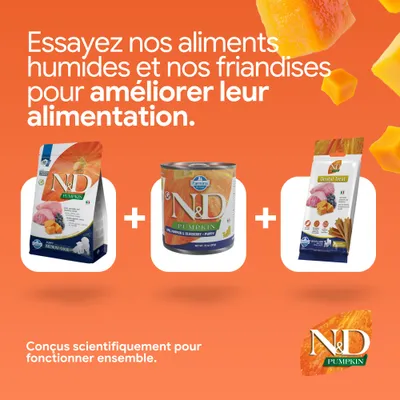 N&D Pumpkin croquettes, aliments humides et friandises dental côte à côte. Développé scientifiquement pour une alimentation combinée. N&D Pumpkin croquettes, aliments humides et friandises dental côte à côte. Développé scientifiquement pour une alimentation combinée.
