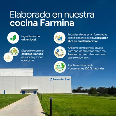 Elaborado en nuestra cocina Farmina. Ingredientes de origen local, cantidad limitada de espelta y avena ecológicas, investigación libre de crueldad animal, conservantes 100% naturales. Elaborado en nuestra cocina Farmina. Ingredientes de origen local, cantidad limitada de espelta y avena ecológicas, investigación libre de crueldad animal, conservantes 100% naturales.
