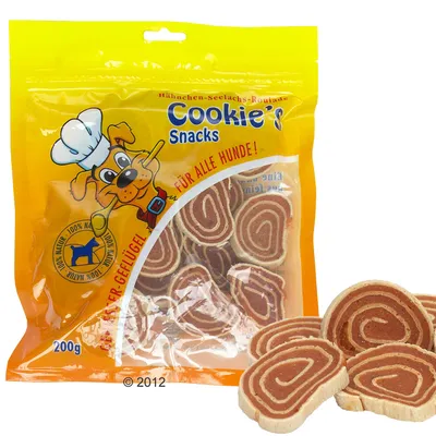Cookie's Snacks -koiranherkut, kanan ja seelaksin maku, 200 g pussi. Pakkauksessa näkyy pyöreitä rullamaisia herkkuja sekä teksti 'Für alle Hunde!'.