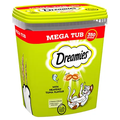 Dreamies Mega Tub, 350 grams, with heavenly tuna flavour. Contains vitamins and minerals, only 2 kcal per treat, soft inside, crunchy outside, claw resistant tub.