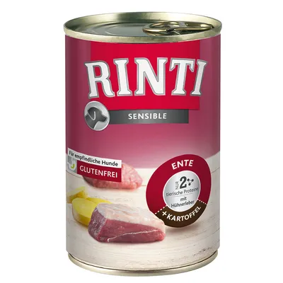 RINTI Sensible -koiran märkäruoka, ENTE + KARTOFFEL, gluteeniton, vain 2 eläinproteiinia, sisältää kananmaksa. Saksankielinen teksti: Für empfindliche Hunde, GLUTENFREI.