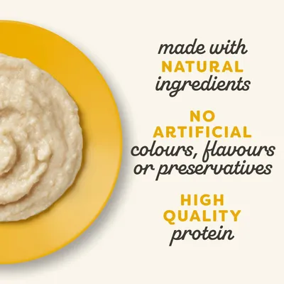 Made with natural ingredients, no artificial colours, flavours or preservatives, and high quality protein. Image shows a plate of food beside these product claims.
