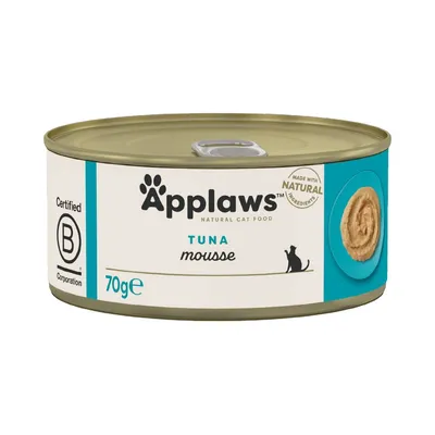 Applaws natural cat food tuna mousse, 70g tin, certified B corporation, made with natural ingredients as shown on packaging.
