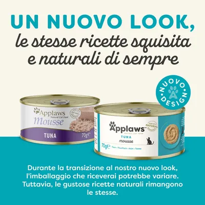 Un nuovo look, le stesse ricette squisita e naturali di sempre. Due lattine Applaws Mousse Tuna 70g. Durante la transizione il packaging potrebbe variare, ricette naturali invariate.