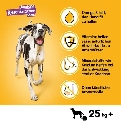 Jumbone Riesenknochen Maxi. Omega 3 für Fitness, Vitamine für Abwehrkräfte, Kalzium für starke Knochen, ohne künstliche Aromastoffe. Geeignet für Hunde ab 25 kg.