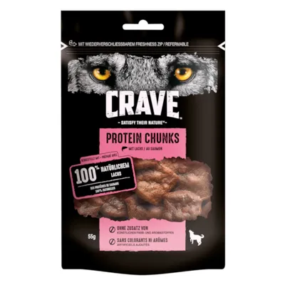 Crave Protein Chunks z lososom, 100% naravni losos, brez dodanih umetnih barvil in arom, ponovno zapirljiva embalaža, 55g.